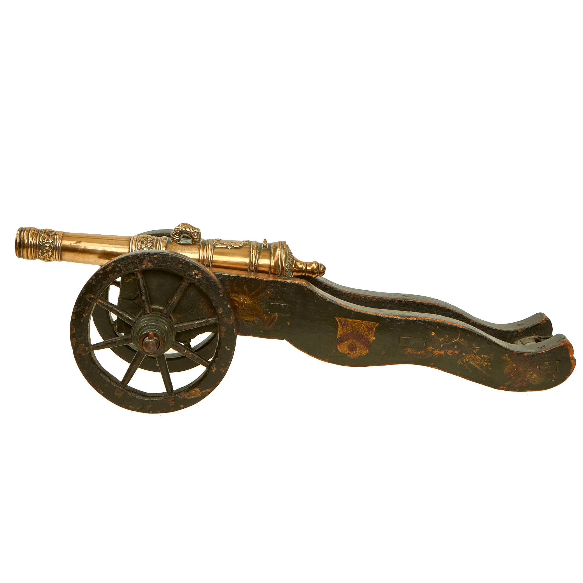 Original Exquisite 17th century Dutch Bronze Signal Cannon on Ornately Painted Wooden Field Carriage