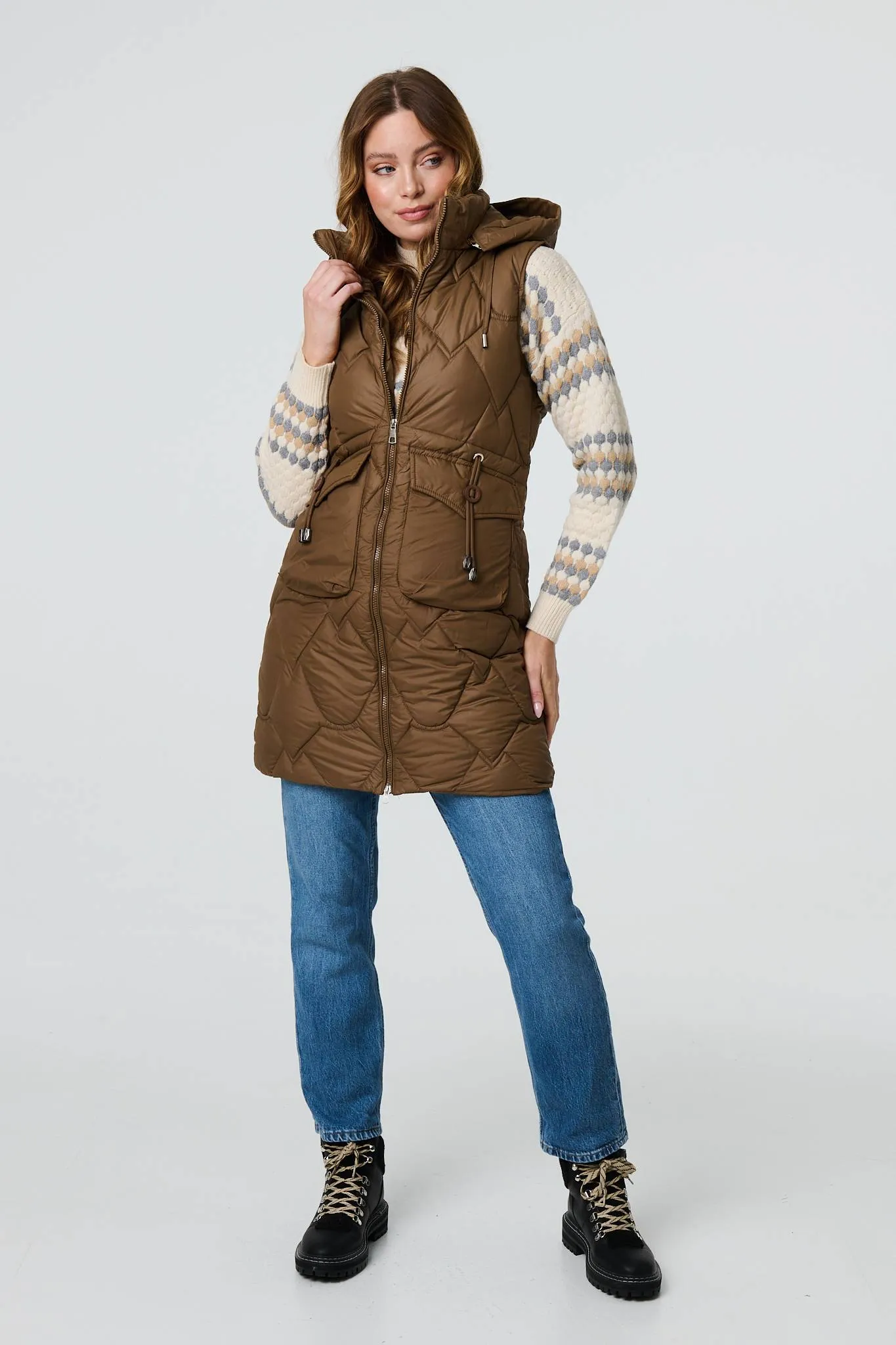 Padded Sleeveless Hooded Longline Gilet