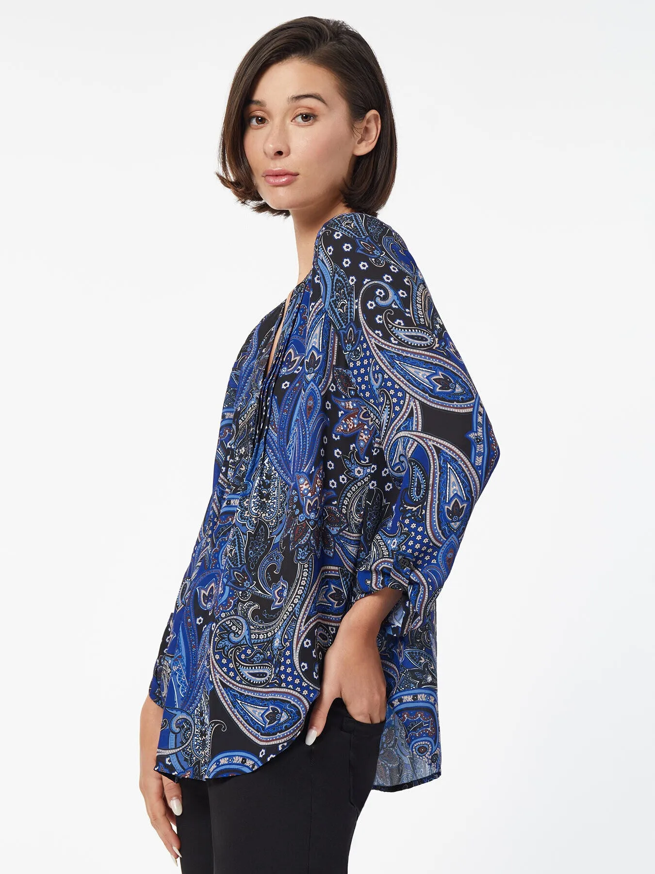 Paisley Roll-Tab Pintuck Blouse