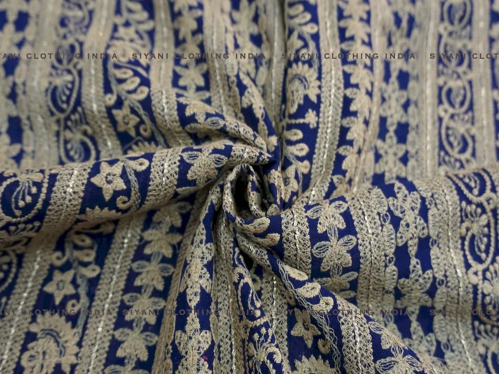 Royal Blue Thread Embroidered Silk Fabric