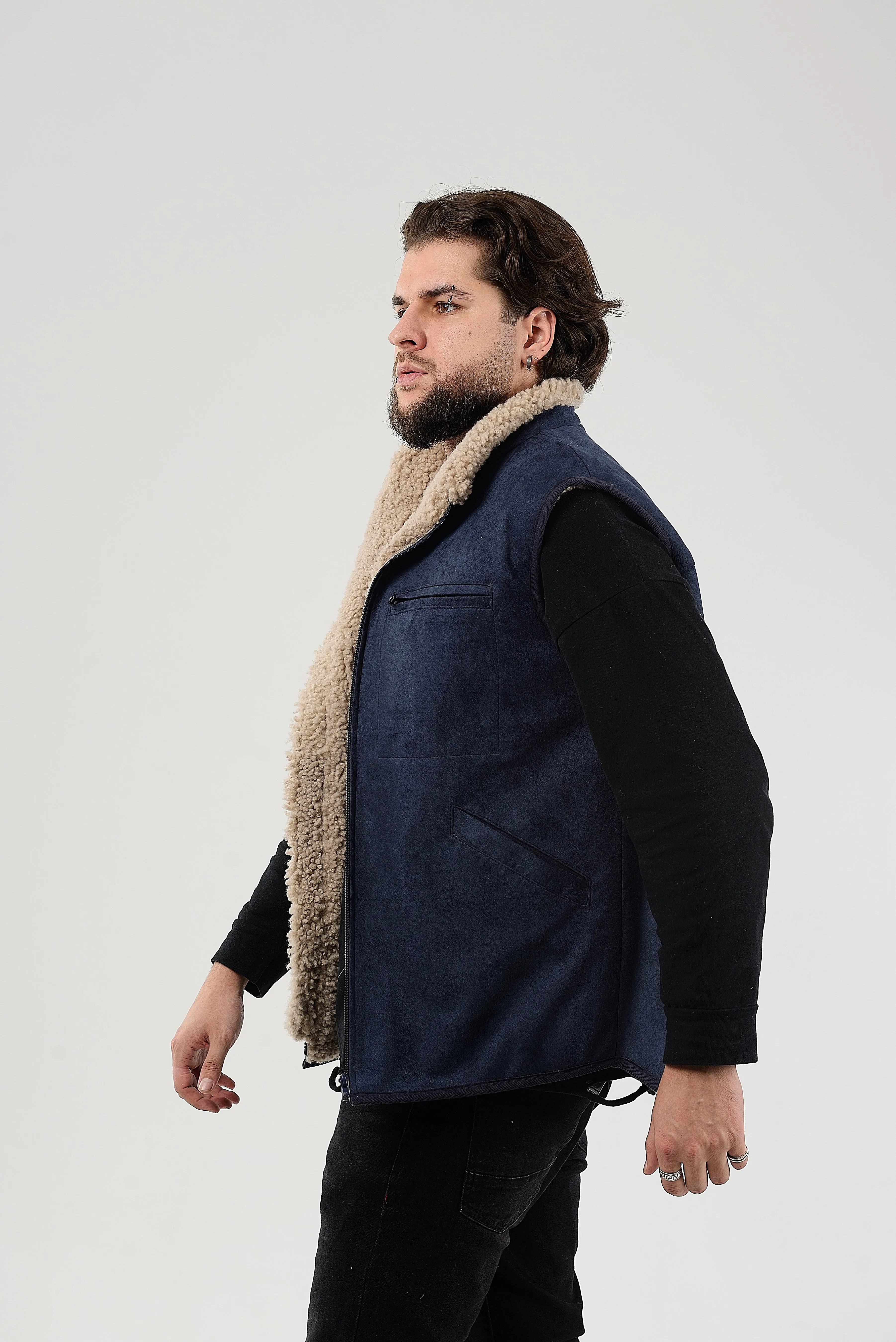 Shearling Sheepskin Vest Mens Blue With Wide Open Side Pockets