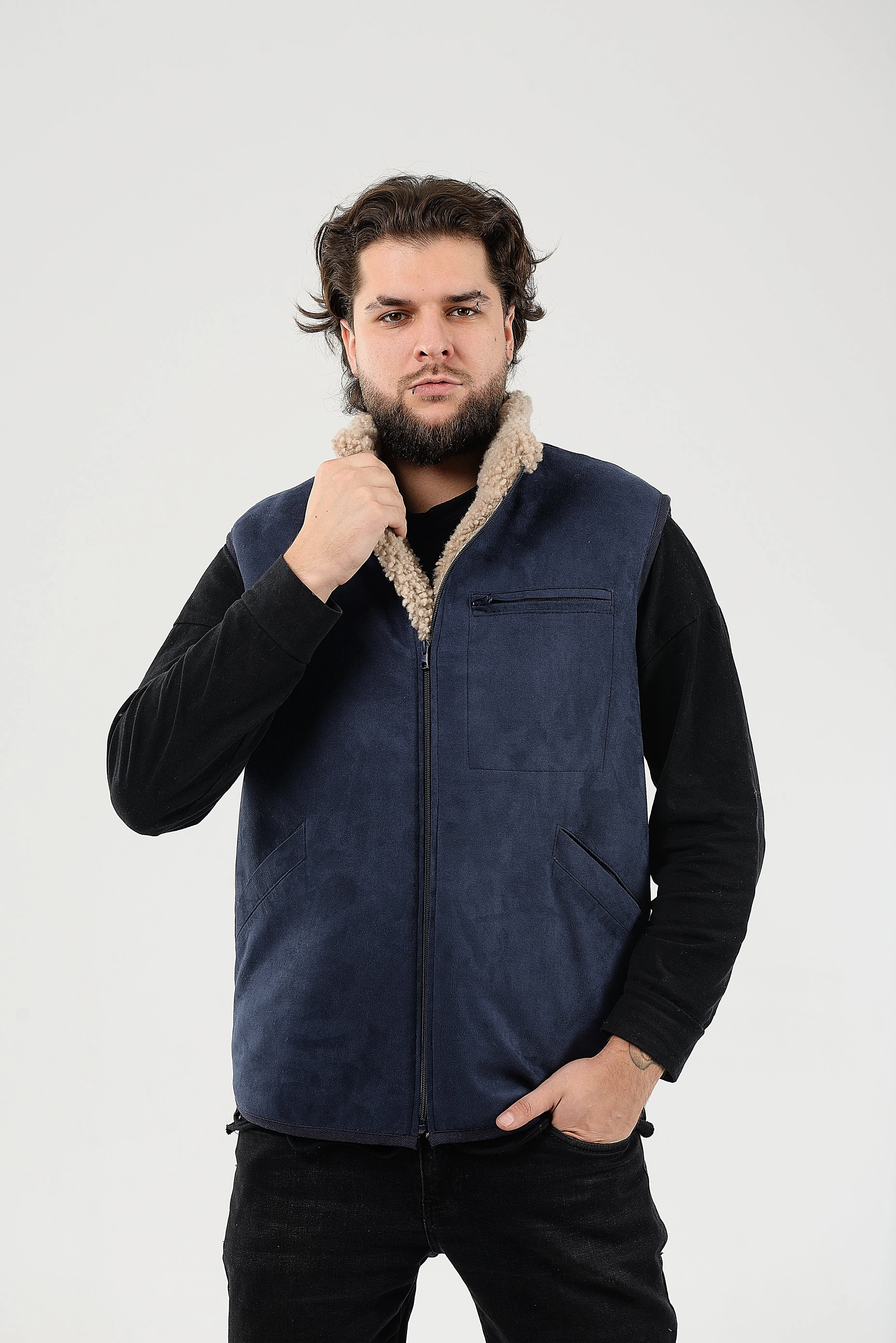 Shearling Sheepskin Vest Mens Blue With Wide Open Side Pockets