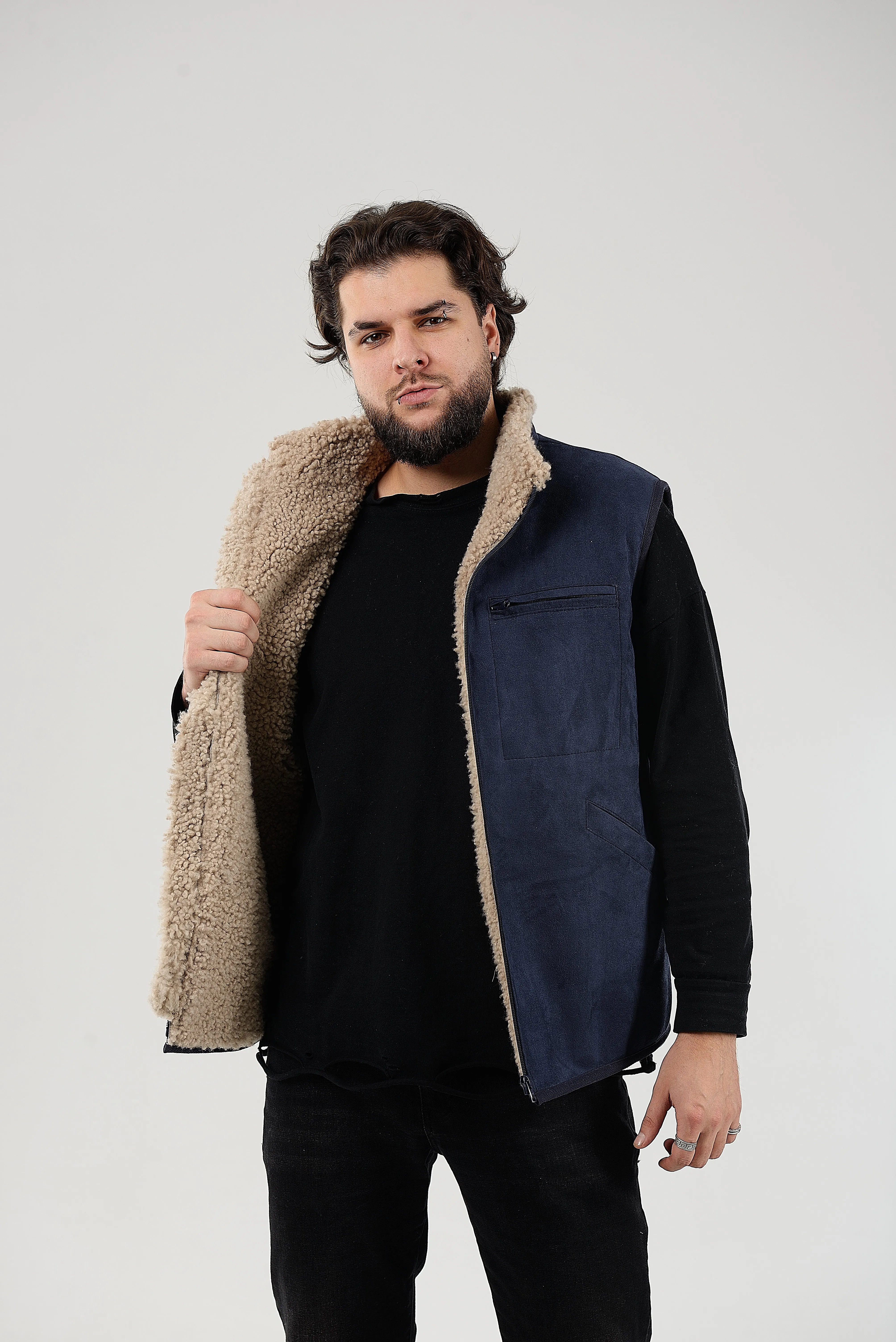 Shearling Sheepskin Vest Mens Blue With Wide Open Side Pockets