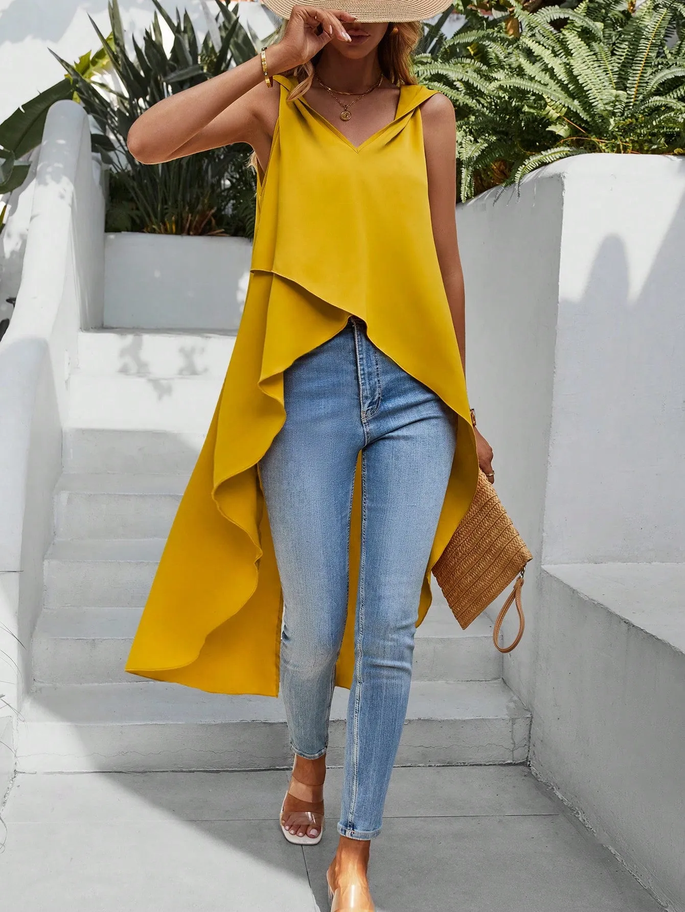 Solid Asymmetrical Hem Sleeveless Blouse