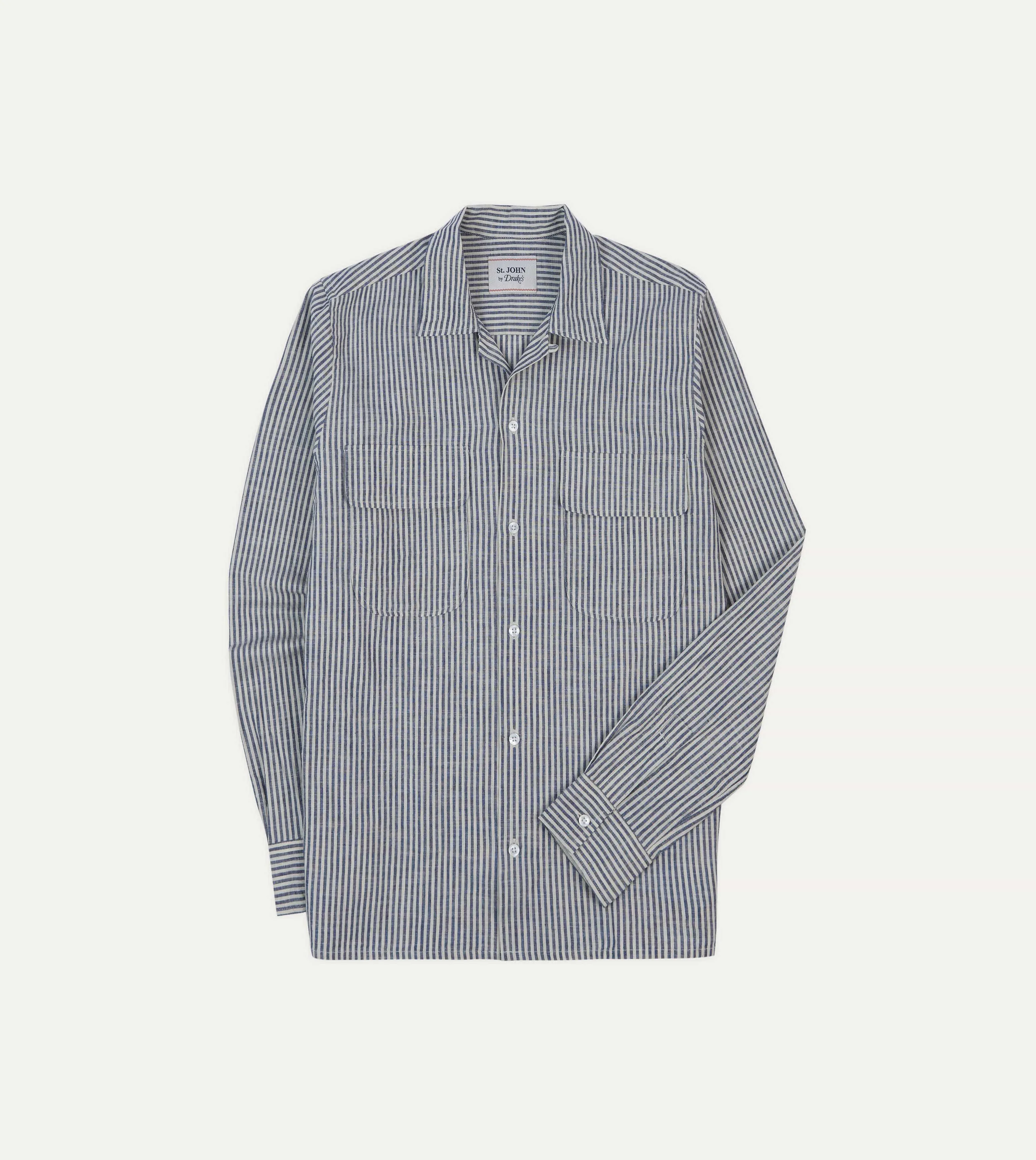 Drakes Indigo Stripe Linen Camp Collar Long Sleeve Shirt for Stylish Comfort