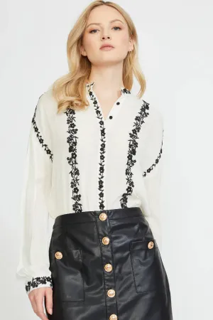 Stand Collar Embroidered Button Down Blouse - Cream