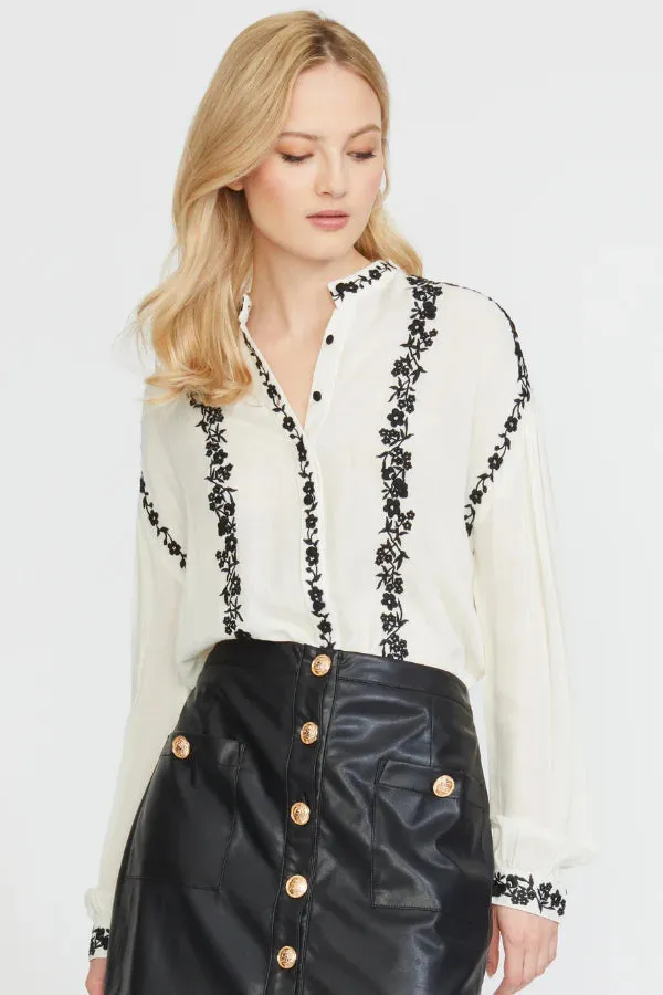 Stand Collar Embroidered Button Down Blouse - Cream