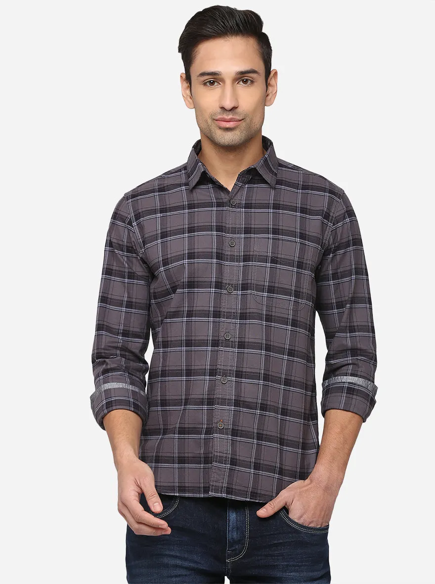 Steel Grey Checked Slim Fit Semi Casual Shirt | Greenfibre