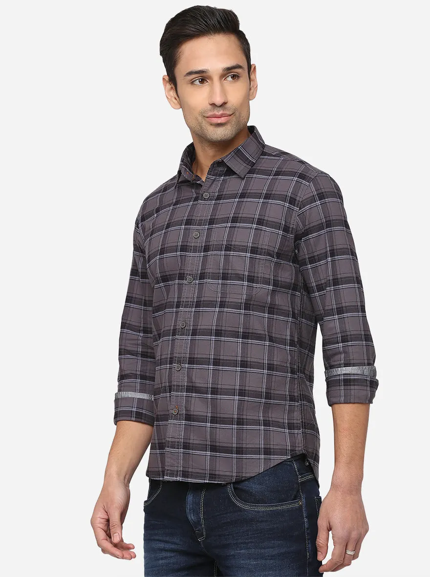 Steel Grey Checked Slim Fit Semi Casual Shirt | Greenfibre