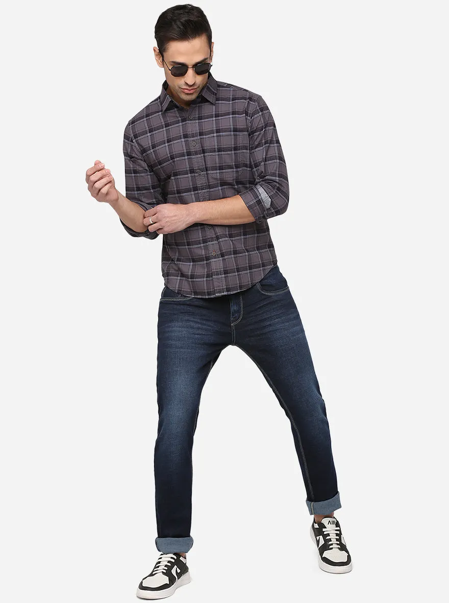 Steel Grey Checked Slim Fit Semi Casual Shirt | Greenfibre