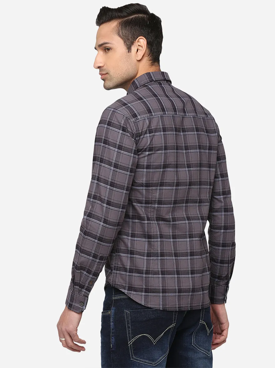 Steel Grey Checked Slim Fit Semi Casual Shirt | Greenfibre