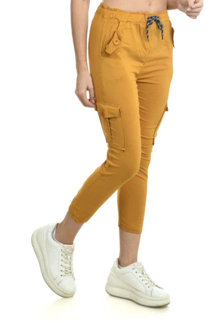 Stylish Yellow Cotton Blend Self Design Cargo For Women