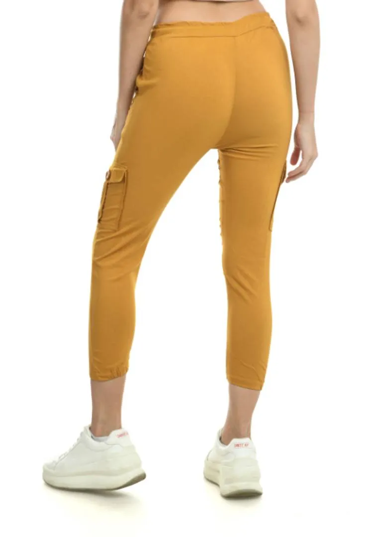 Stylish Yellow Cotton Blend Self Design Cargo For Women