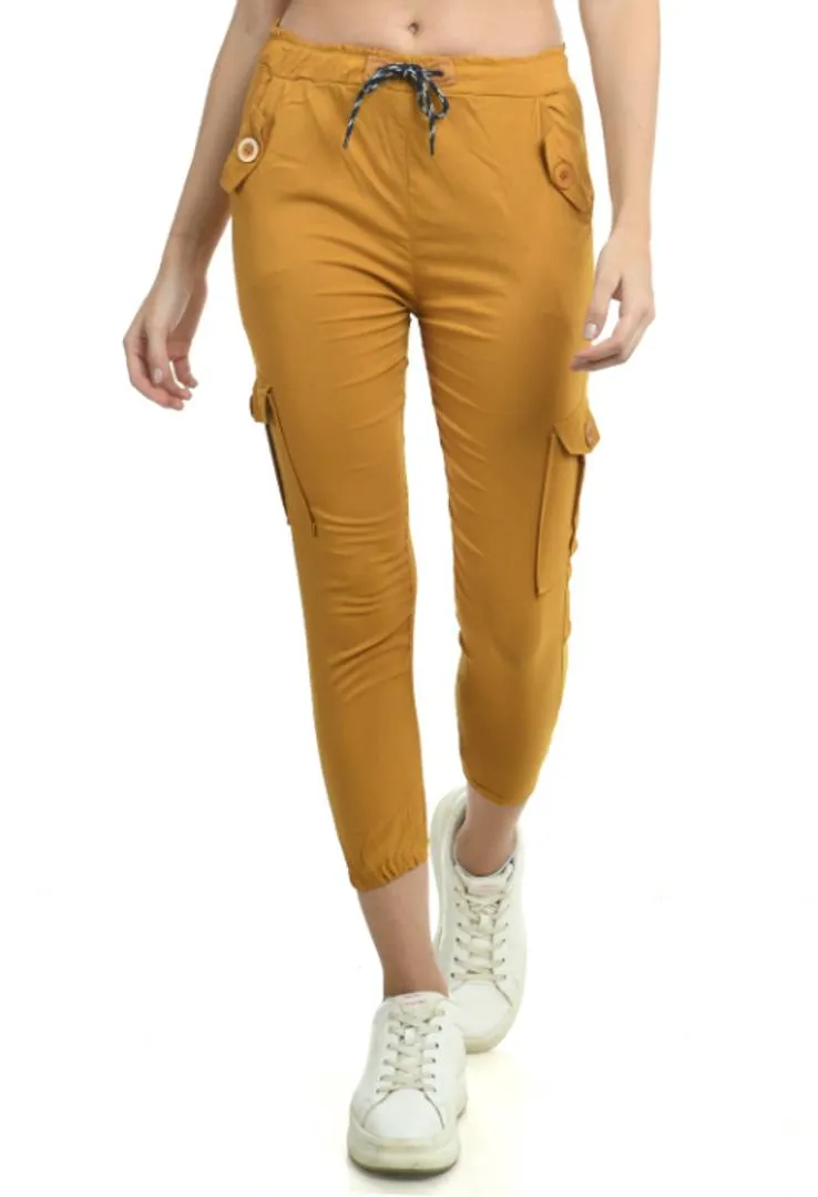 Stylish Yellow Cotton Blend Self Design Cargo For Women