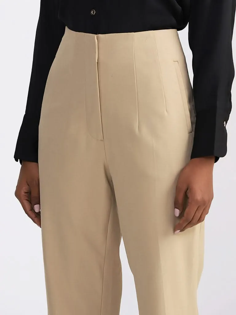 Wardrobe Solid Beige High-Rise Trousers