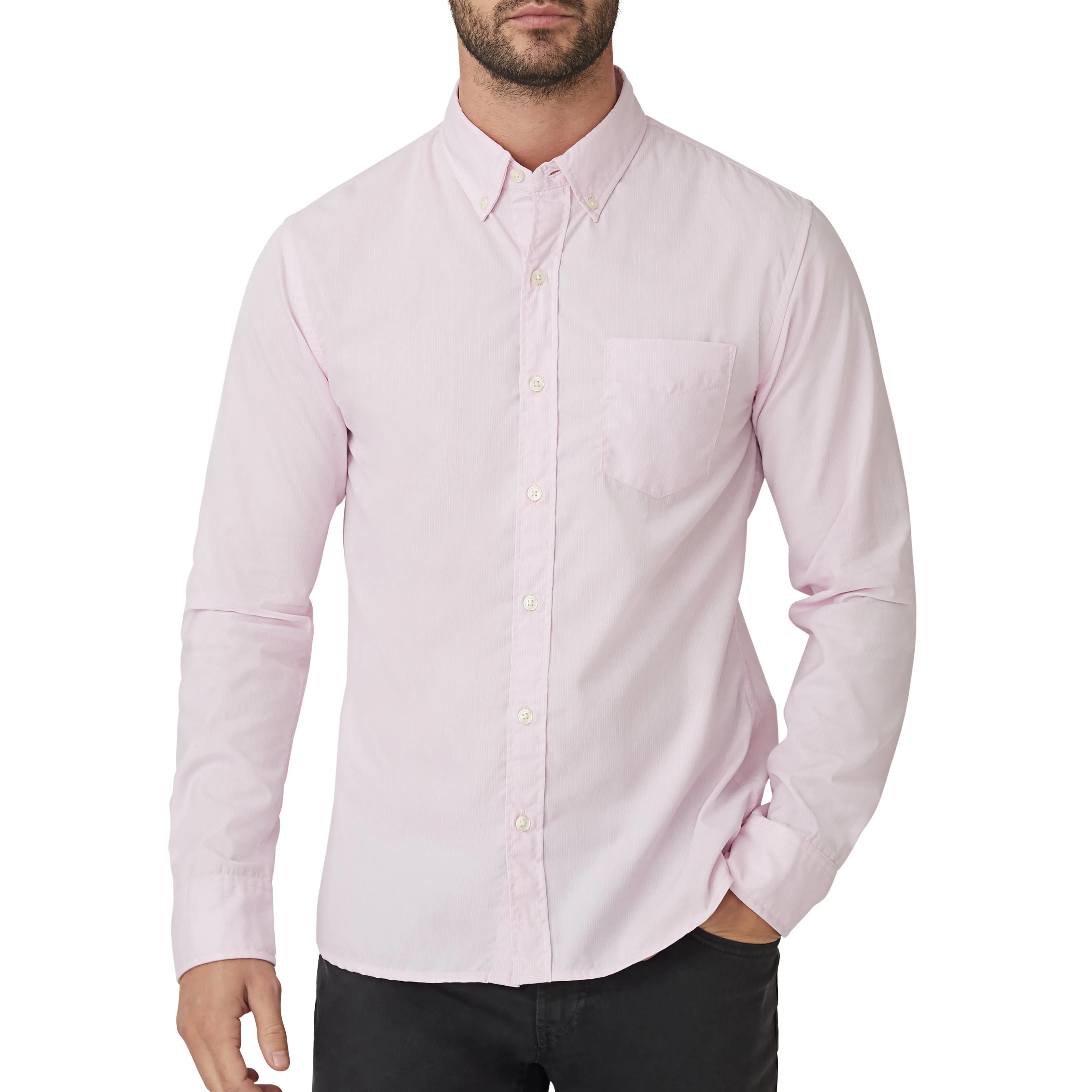 Washed Button Down Shirt - Pink Pencil Stripe