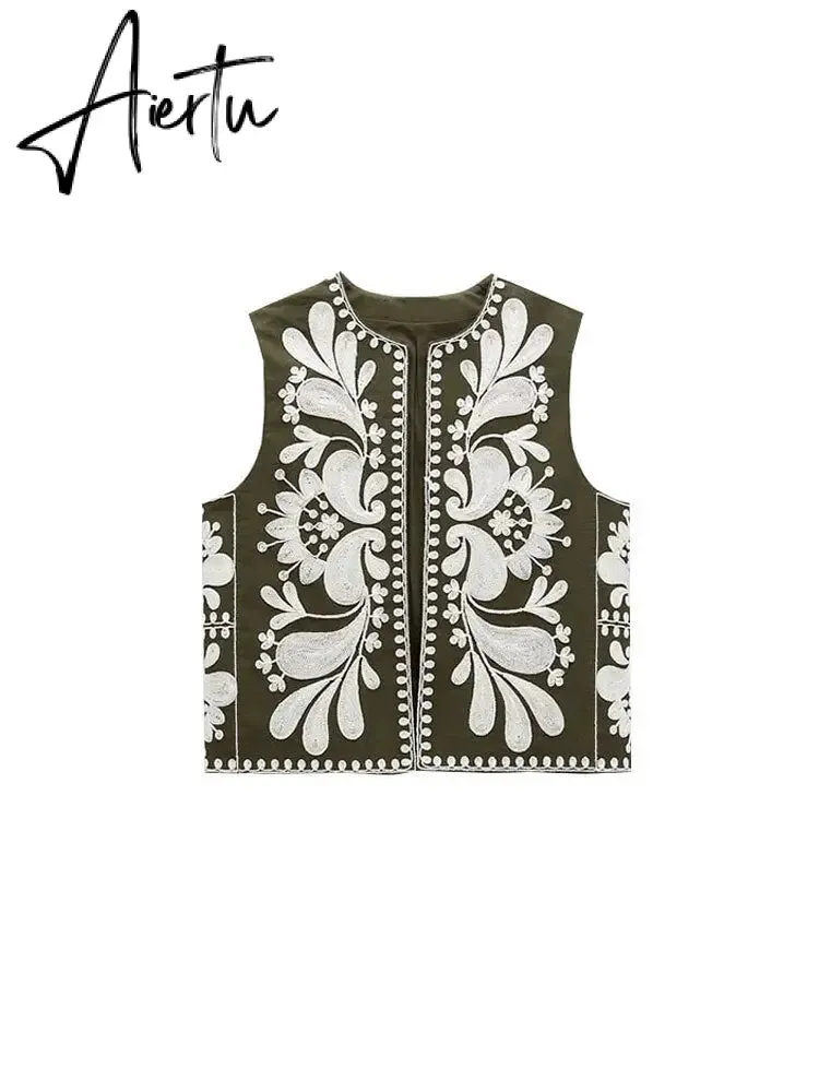 Women Vintage Floral Embroidery Printed Unisex Vest Round Collar Sleeveless Cropped Coats Summer Elegant Cotton Linen Tops