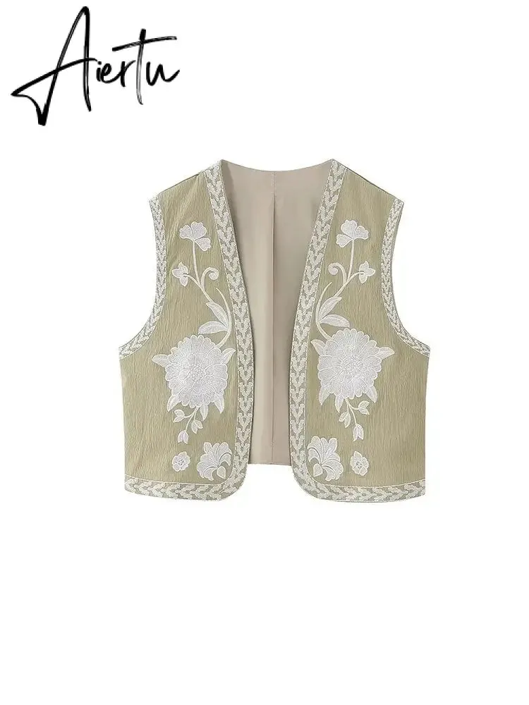 Women Vintage Floral Embroidery Printed Unisex Vest Round Collar Sleeveless Cropped Coats Summer Elegant Cotton Linen Tops