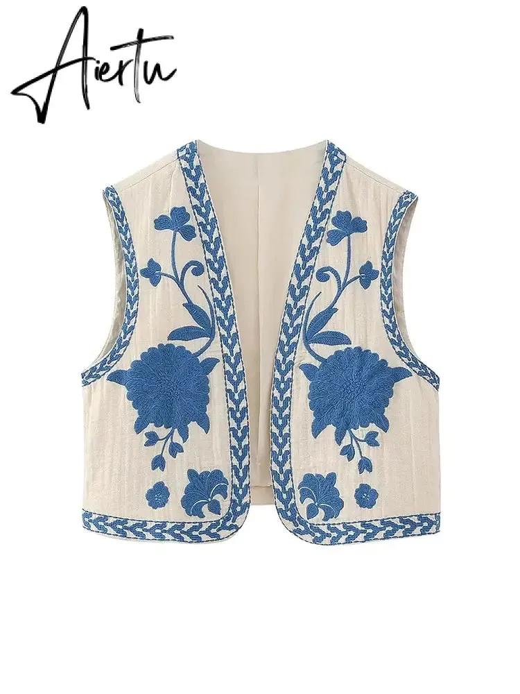 Women Vintage Floral Embroidery Printed Unisex Vest Round Collar Sleeveless Cropped Coats Summer Elegant Cotton Linen Tops