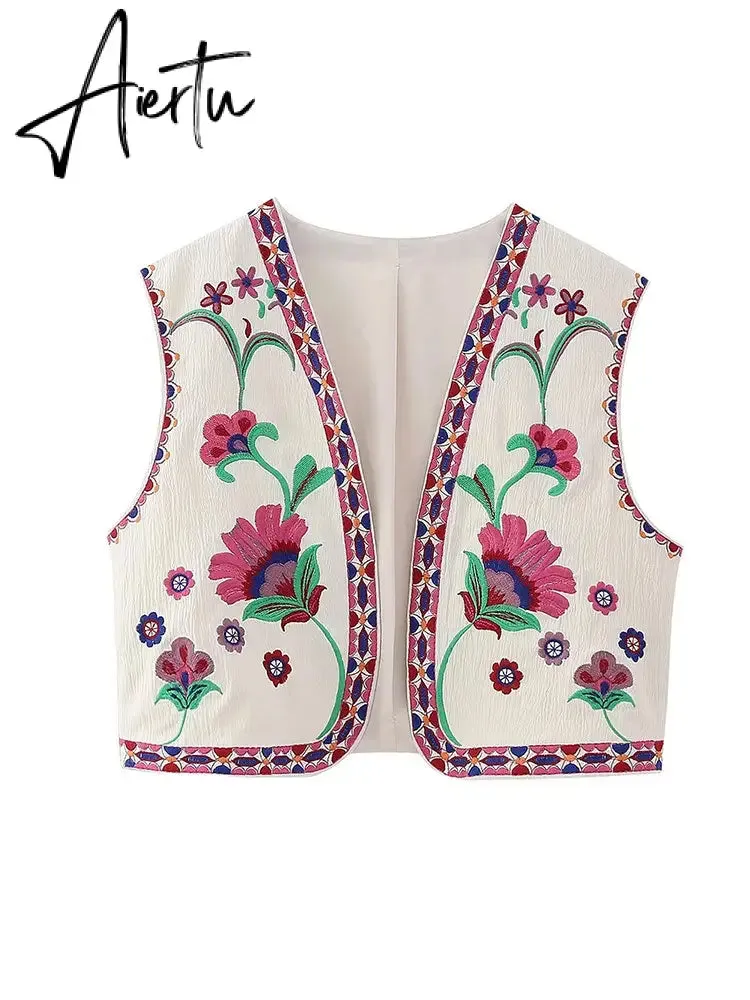 Women Vintage Floral Embroidery Printed Unisex Vest Round Collar Sleeveless Cropped Coats Summer Elegant Cotton Linen Tops