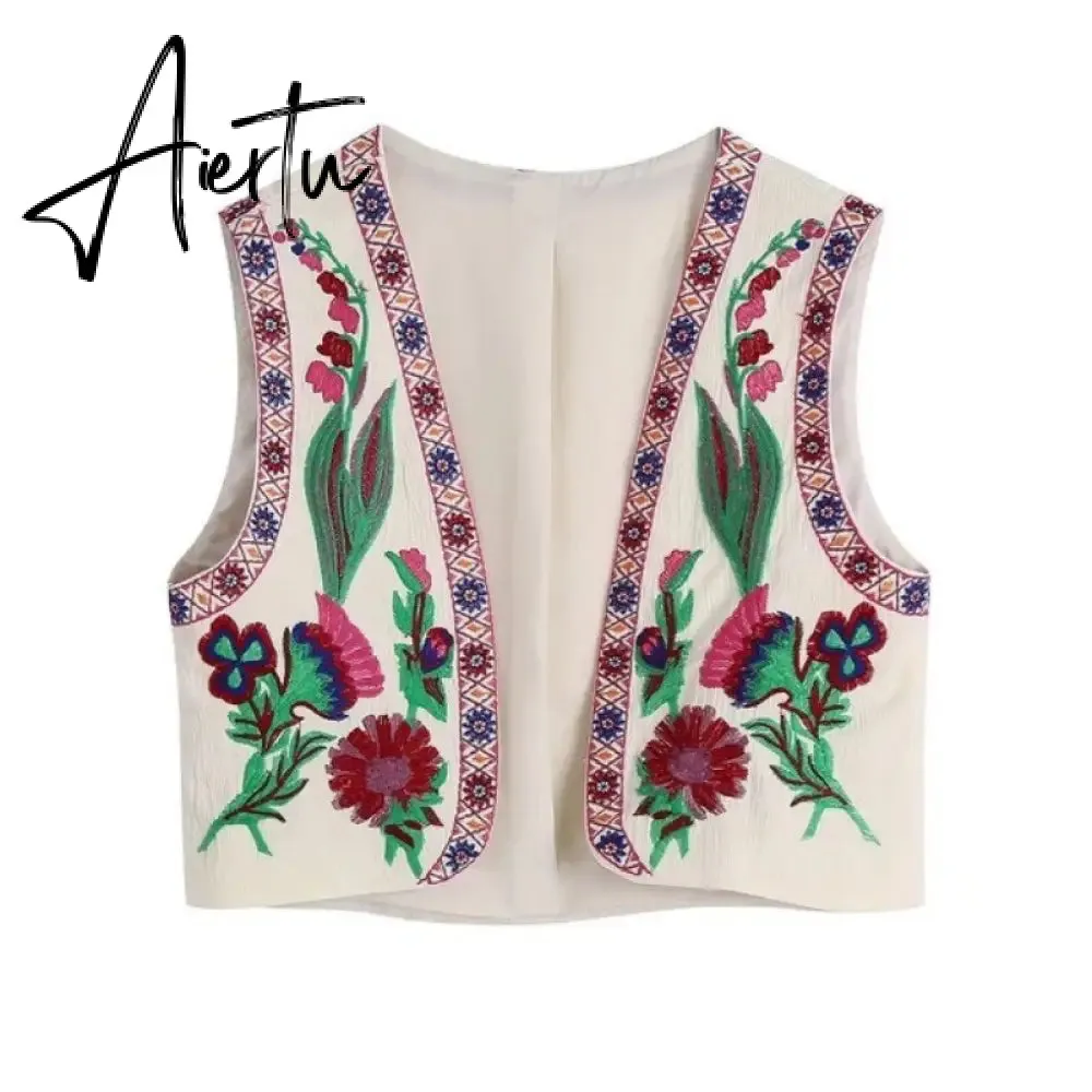 Women Vintage Floral Embroidery Printed Unisex Vest Round Collar Sleeveless Cropped Coats Summer Elegant Cotton Linen Tops