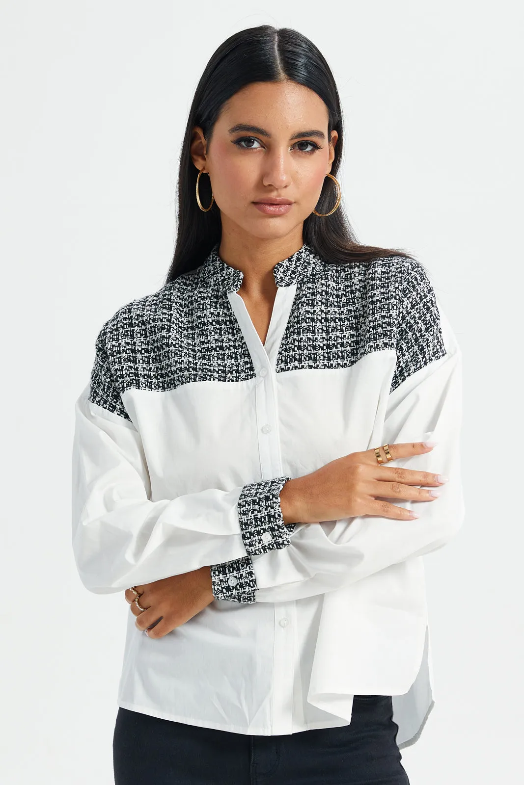 Women White And Grey Tweed Shirt