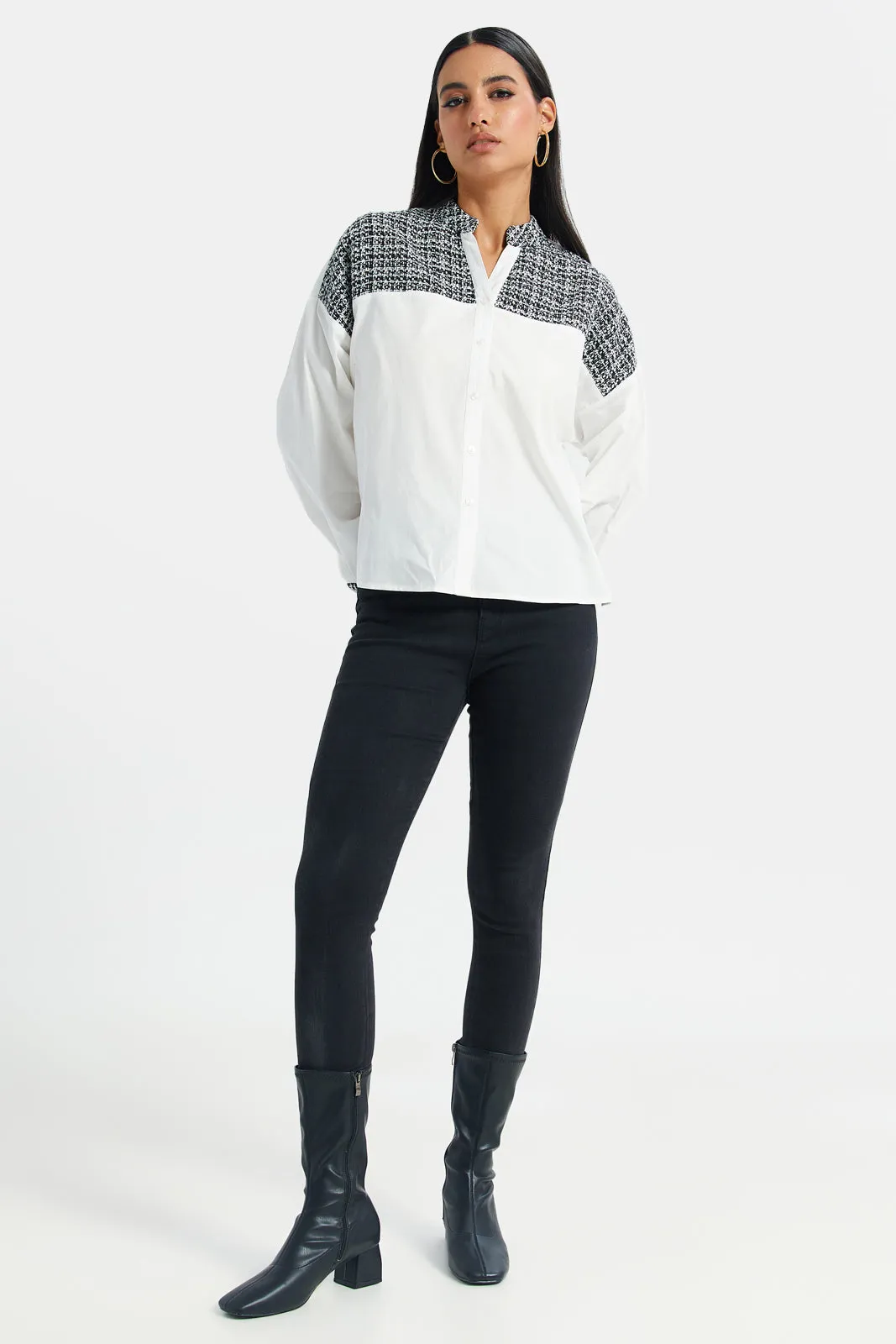 Women White And Grey Tweed Shirt