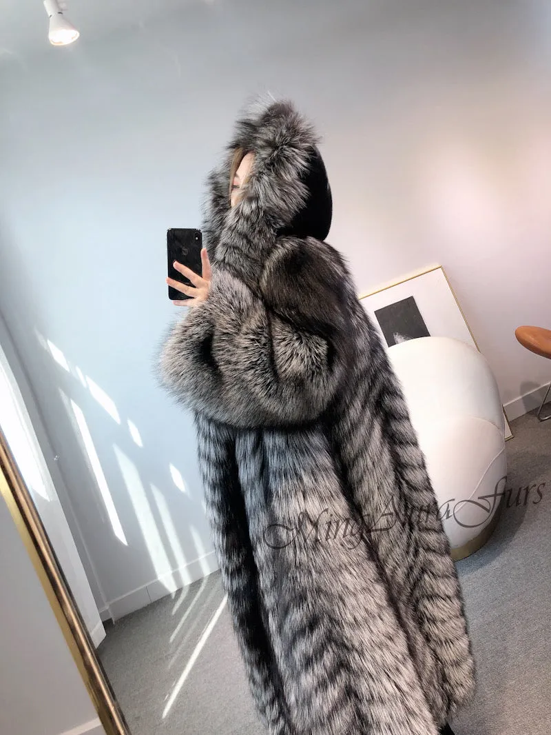 Women's Long Fox Fur Coat with Fur Hood - Silver Fox - G0035