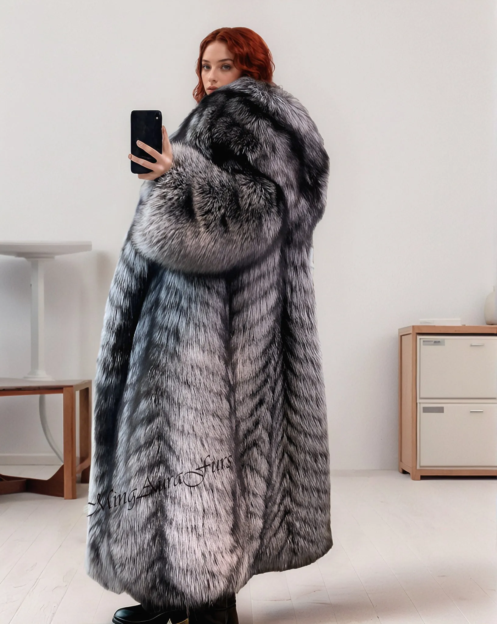 Women's Long Fox Fur Coat with Fur Hood - Silver Fox - G0035