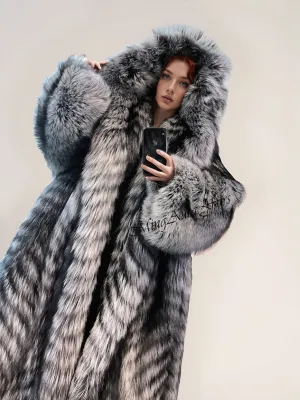 Women's Long Fox Fur Coat with Fur Hood - Silver Fox - G0035