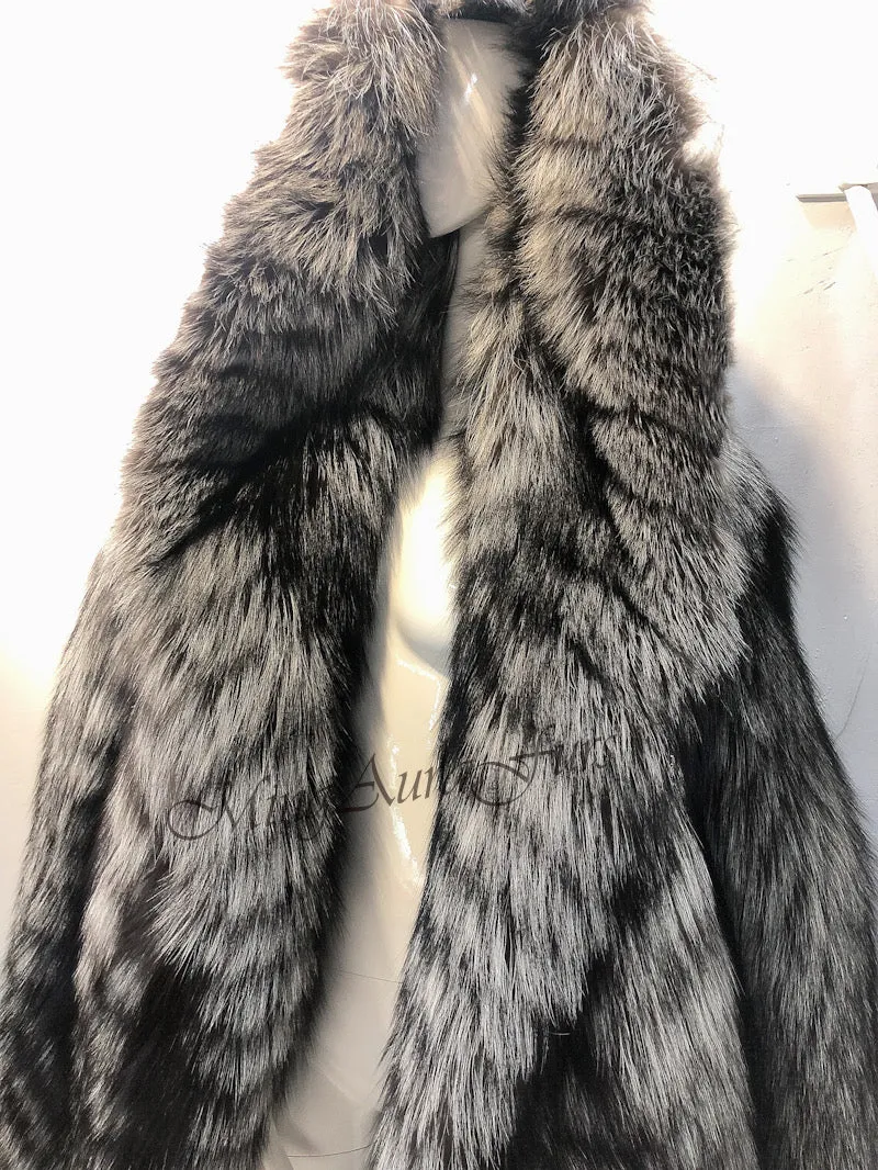 Women's Long Fox Fur Coat with Fur Hood - Silver Fox - G0035