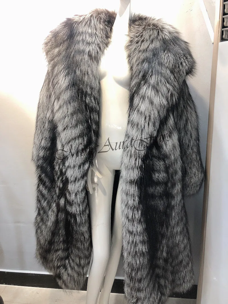 Women's Long Fox Fur Coat with Fur Hood - Silver Fox - G0035