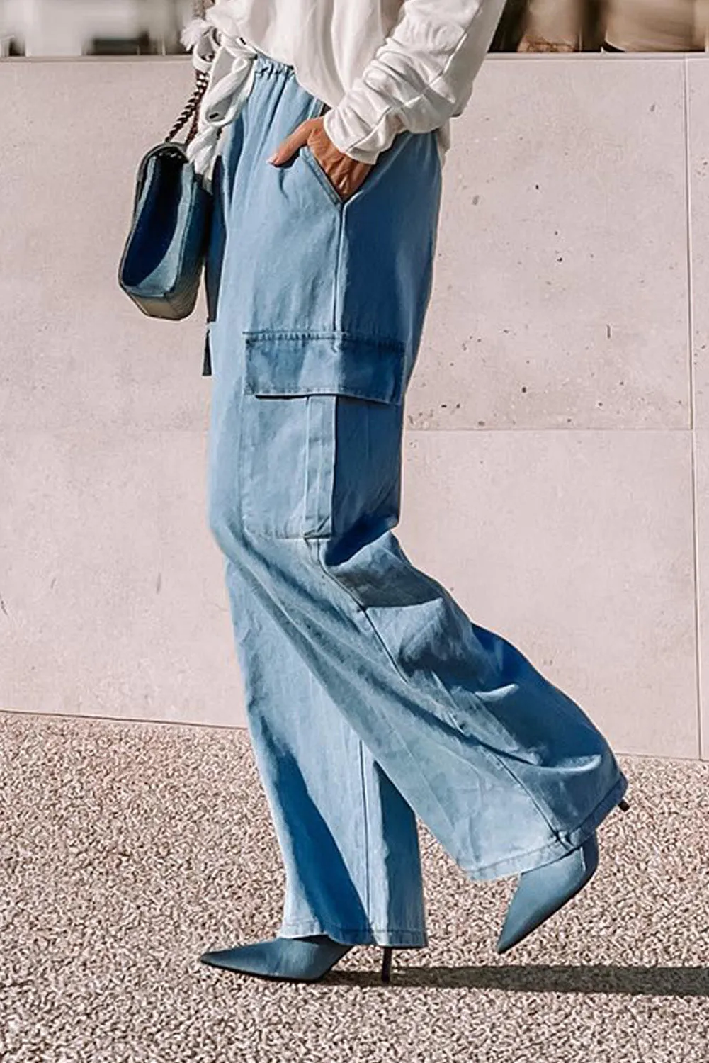 Womens Sky Blue Drawstring High Waist Cargo Pocket Wide Leg Jeans