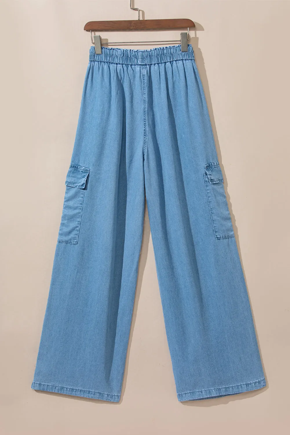 Womens Sky Blue Drawstring High Waist Cargo Pocket Wide Leg Jeans