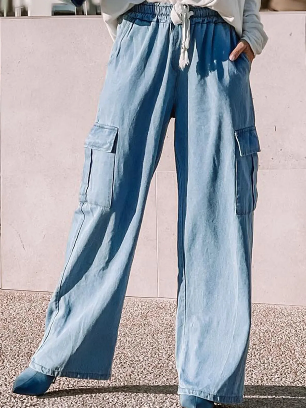 Womens Sky Blue Drawstring High Waist Cargo Pocket Wide Leg Jeans