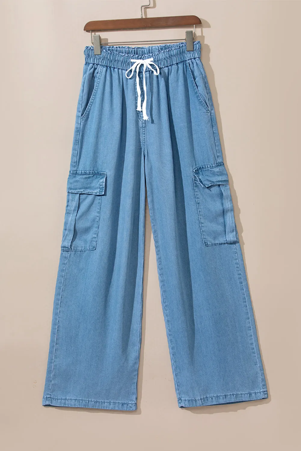 Womens Sky Blue Drawstring High Waist Cargo Pocket Wide Leg Jeans