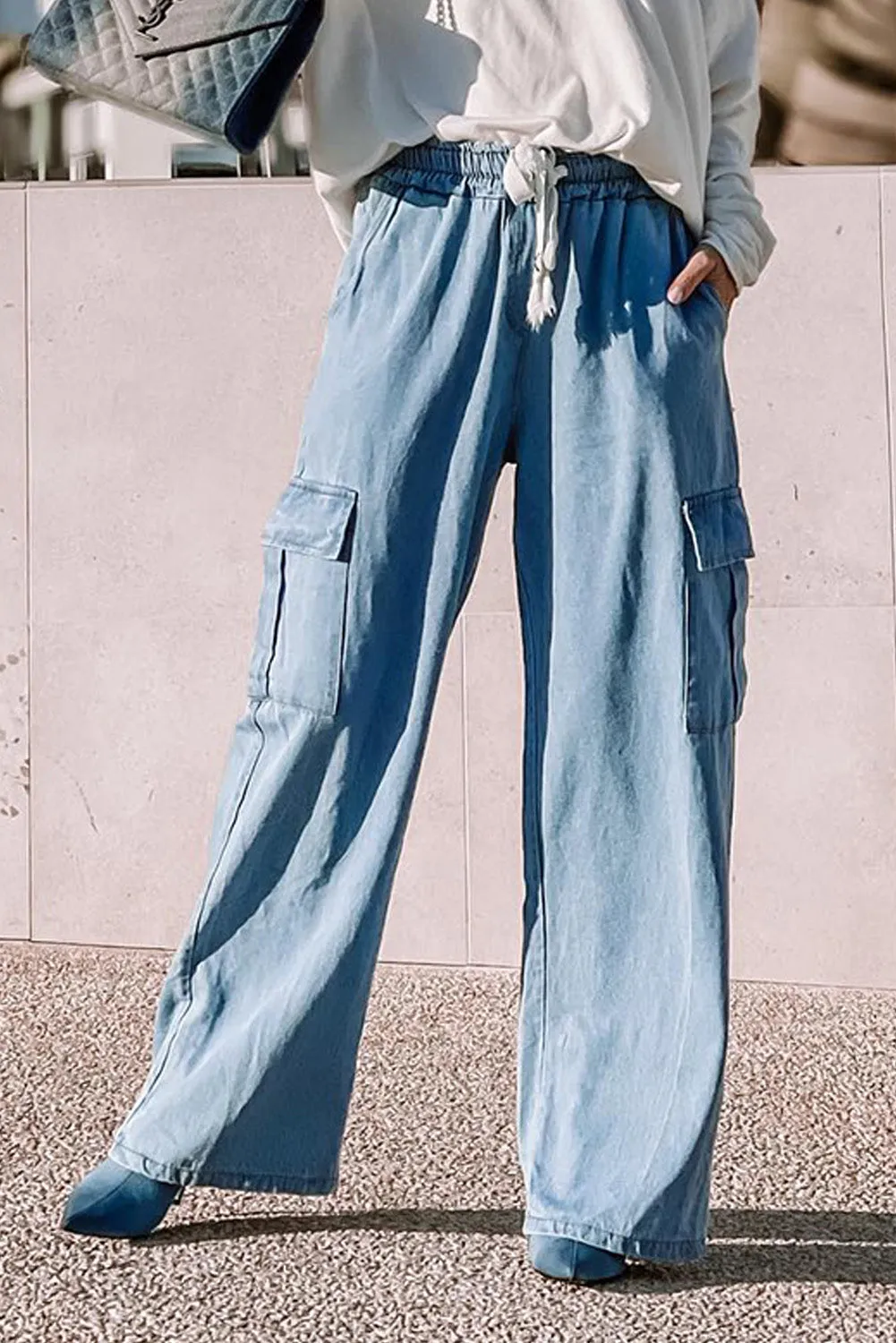 Womens Sky Blue Drawstring High Waist Cargo Pocket Wide Leg Jeans