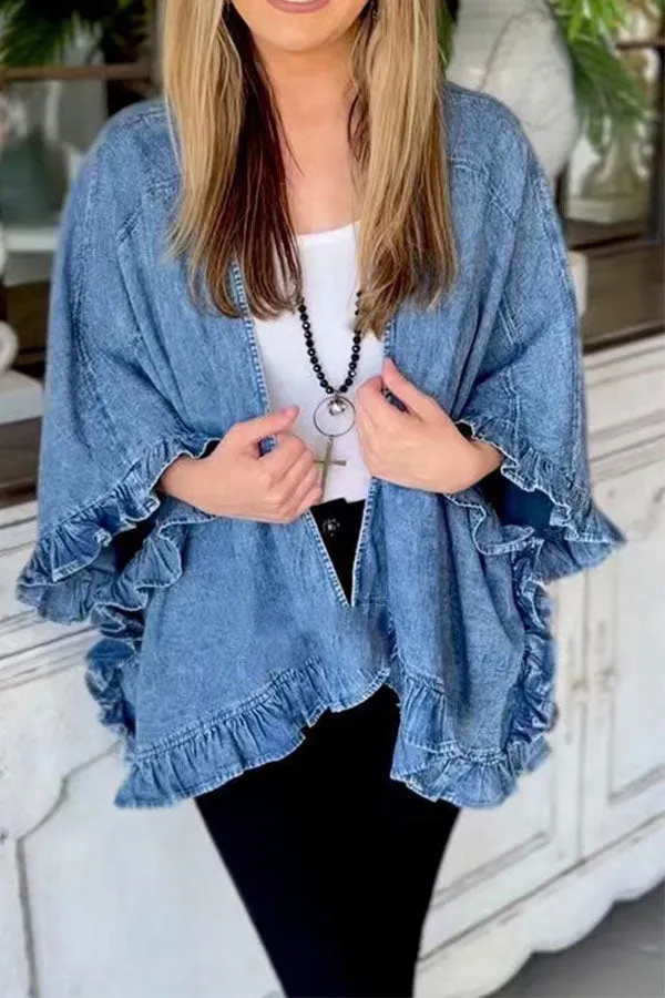 xiangtuibao Solid Color Elegant Ruffle Denim Coat