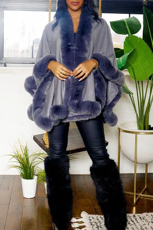 xiangtuibao Solid Color Faux Fur Patchwork Elegant Cape Coat