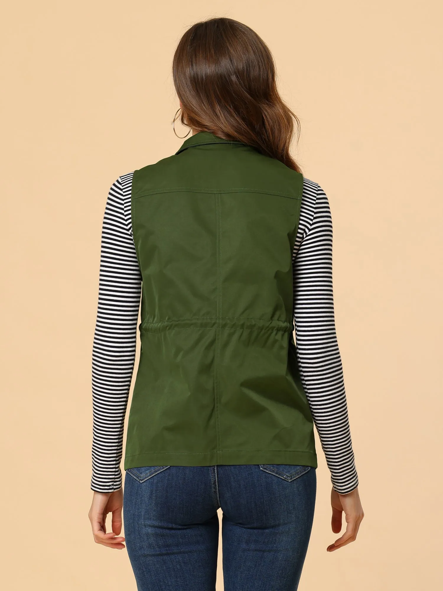 Zip Up Sleeveless Casual Drawstring Cargo Utility Vest