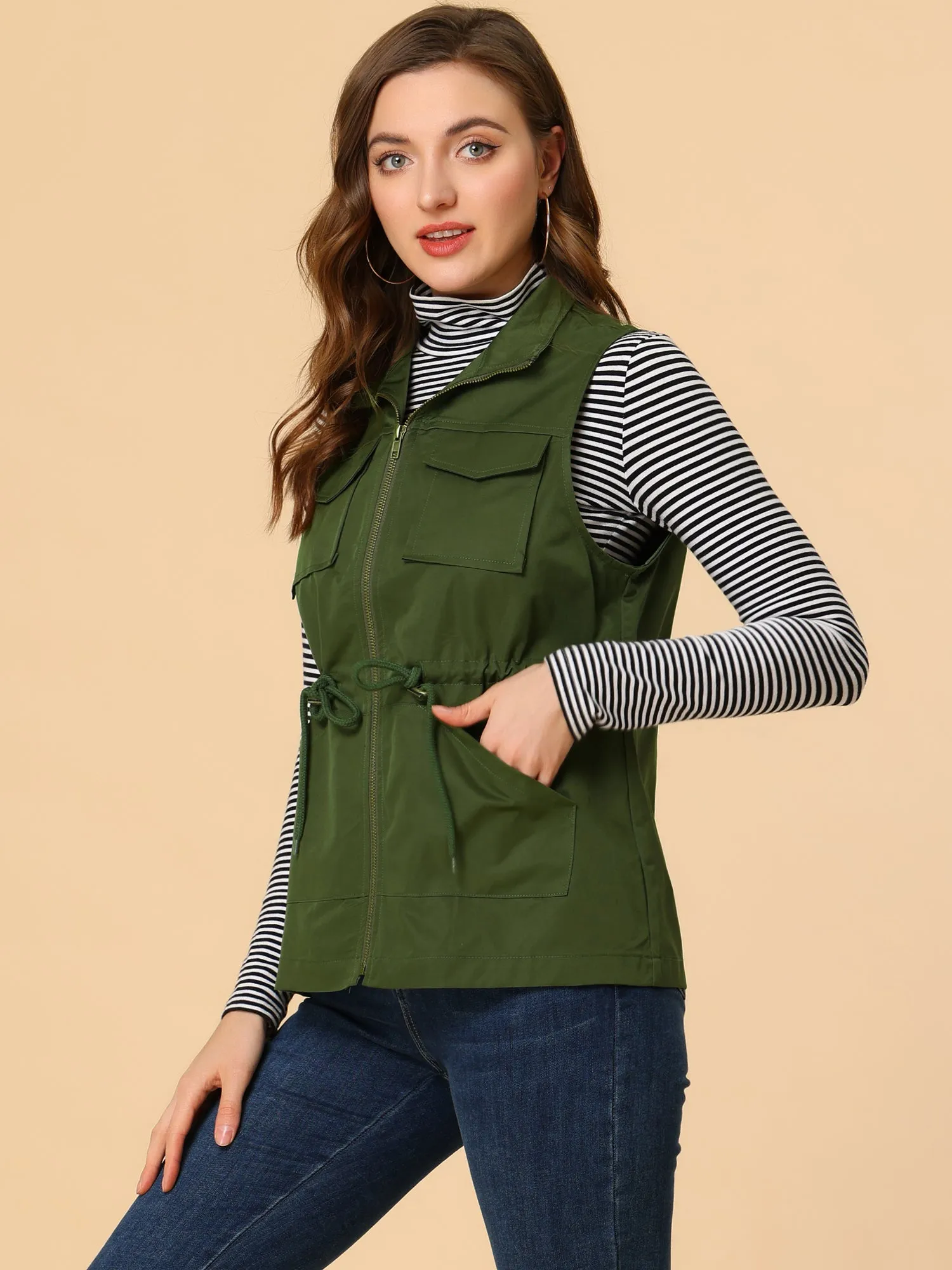 Zip Up Sleeveless Casual Drawstring Cargo Utility Vest